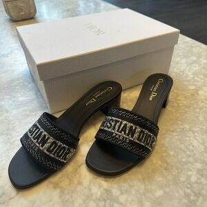 authentic dior dway heeled sandal slide Black Cotton Embroidered Metallic Silver